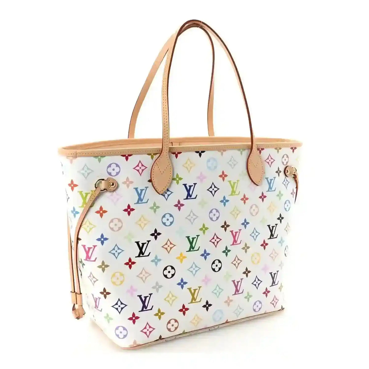 White multicolor monogram Neverfull MM tote with tan leather handles and tassel detail