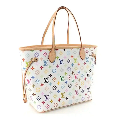 White multicolor monogram Neverfull MM tote with tan leather handles and tassel detail