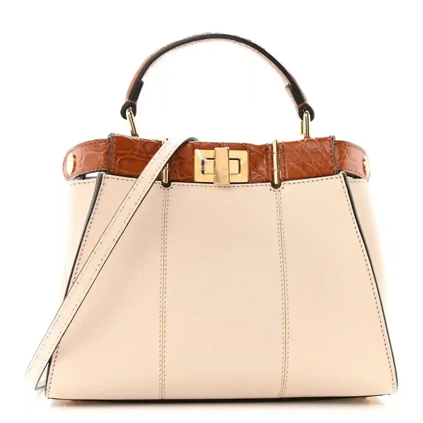 Mini Peekaboo satchel in cream leather with brown croc trim, gold hardware, handles