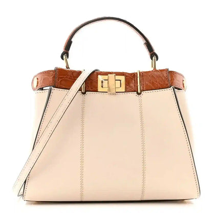 Mini Peekaboo satchel in cream leather with brown croc trim, gold hardware, handles