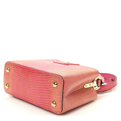 Louis Vuitton mini handbag side view, fuchsia textured lizard, gold studs, crossbody strap.