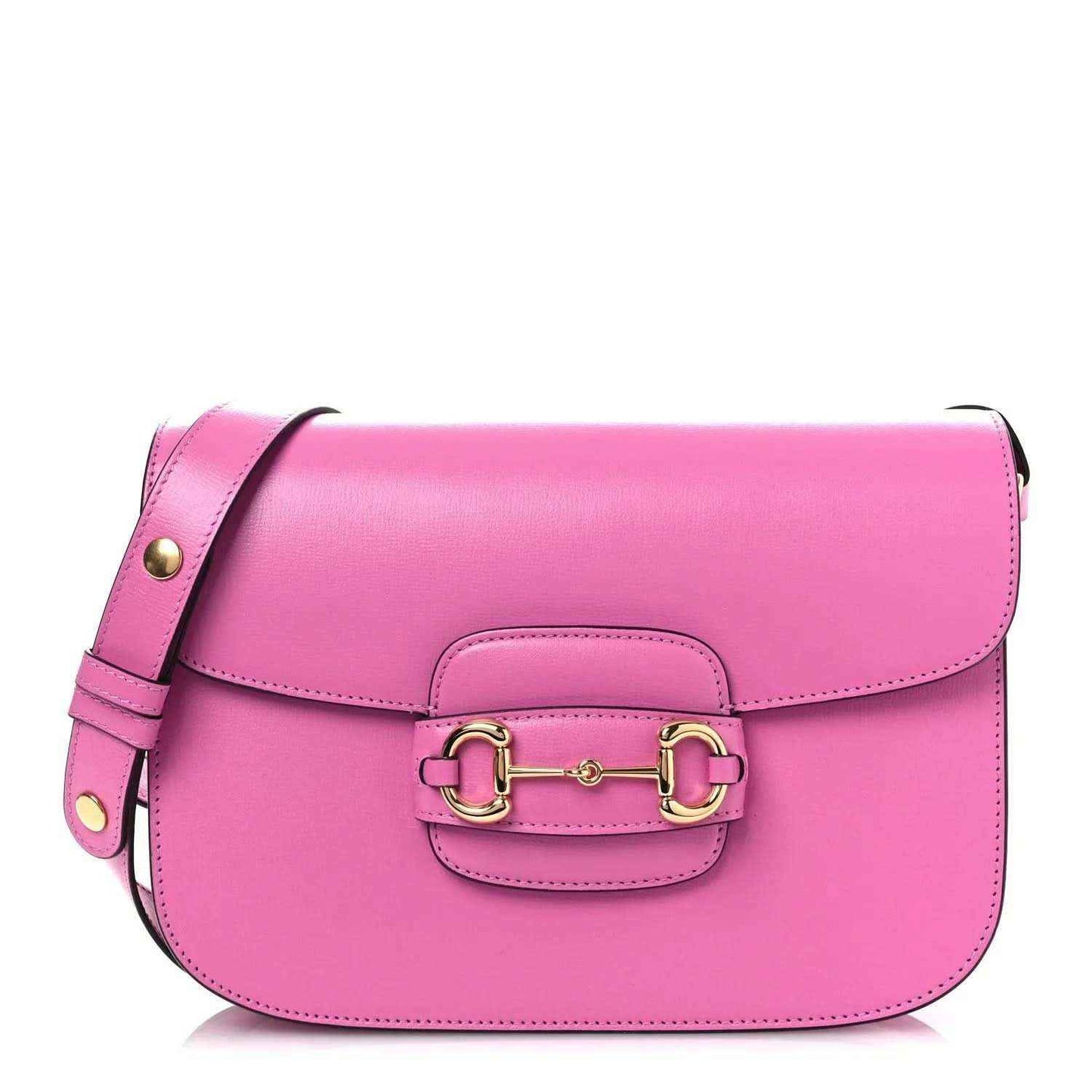 Gucci pink shoulder bag with gold horsebit clasp and flap closure, calfskin leather