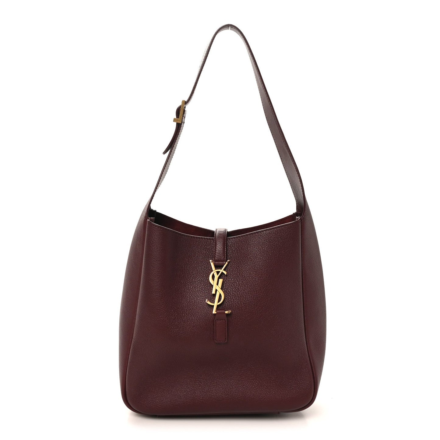 Burgundy leather hobo bag with long shoulder strap and gold YSL-style charm