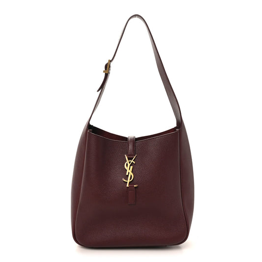 Burgundy leather hobo bag with long shoulder strap and gold YSL-style charm
