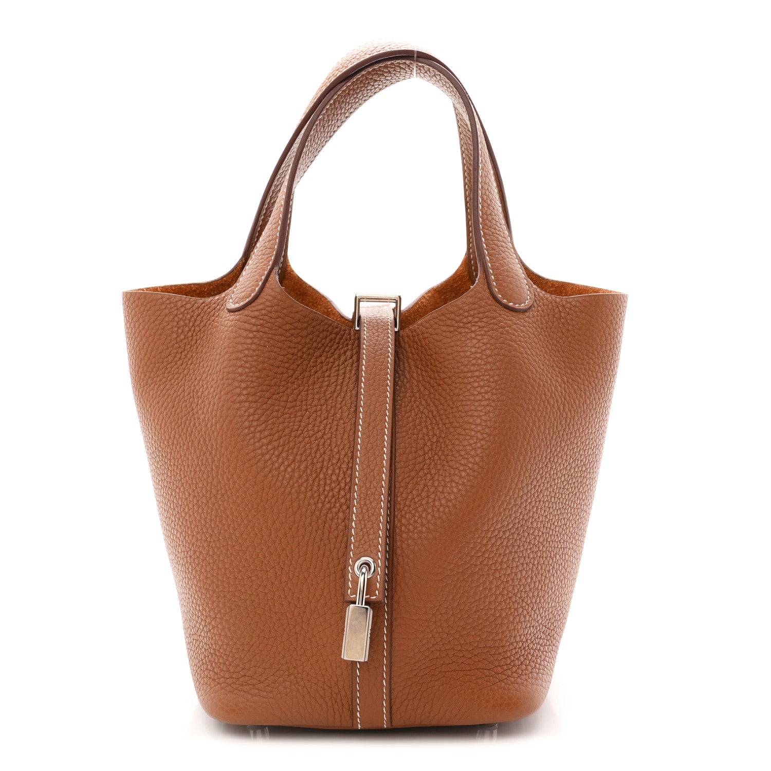 Brown leather bucket tote bag with top handles and front zipper