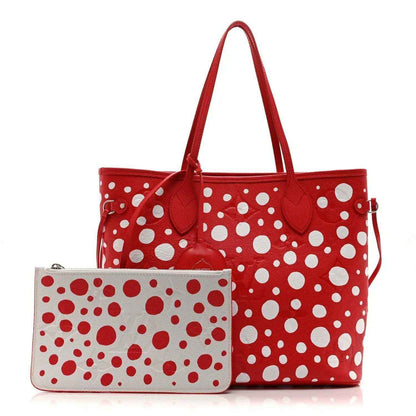 Red polka-dot tote bag with matching pouch bag accessory