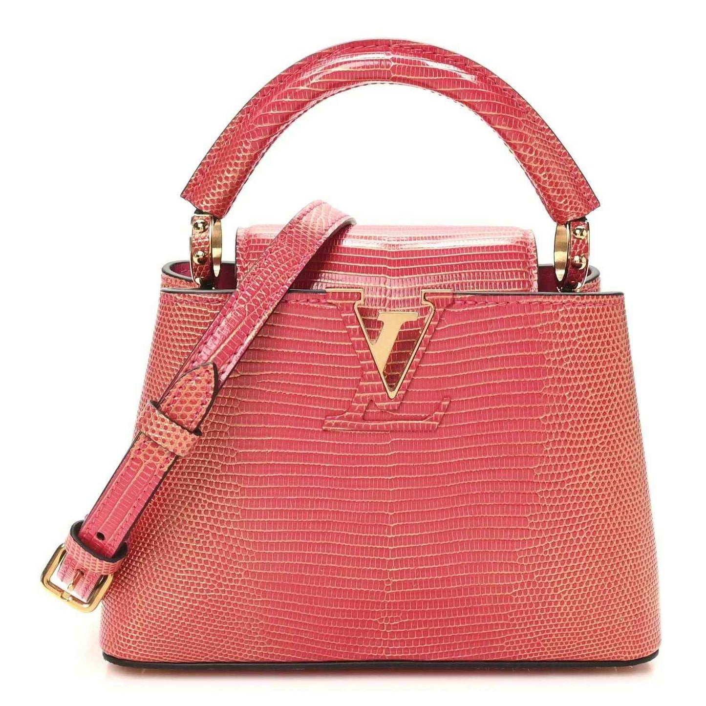 Louis Vuitton mini handbag, fuchsia textured lizard, gold V clasp, top handles.