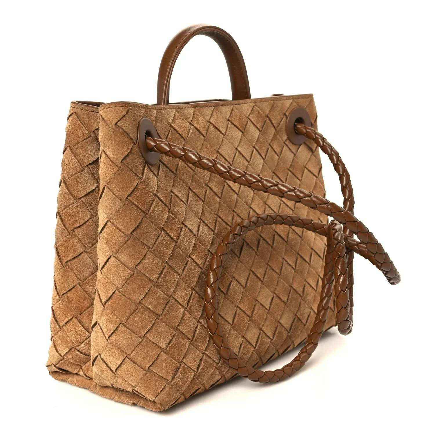 Amber suede intrecciato shoulder bag with gold ring clasp and attached braided strap