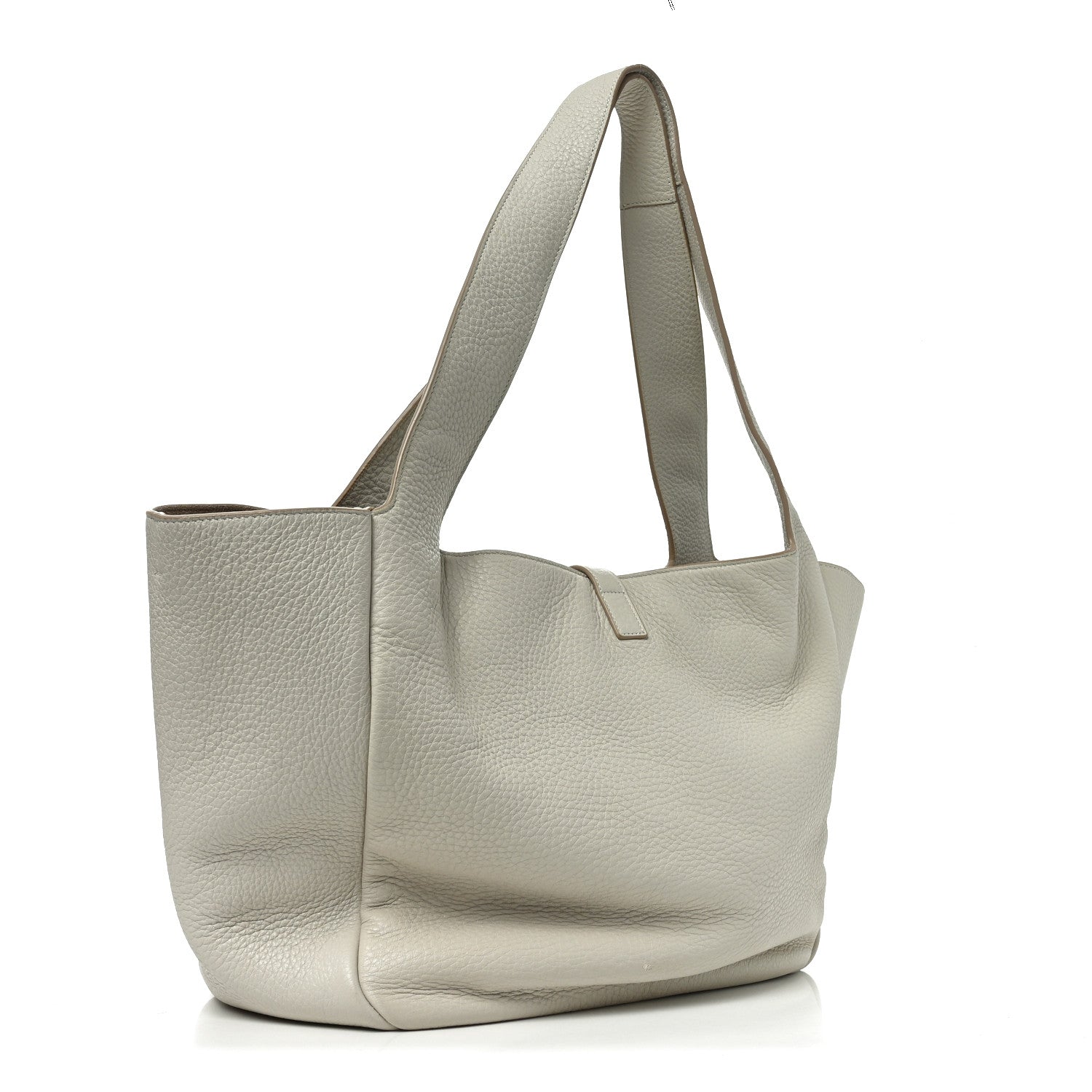 White grained leather slouchy tote bag with top handles and front pocket seam