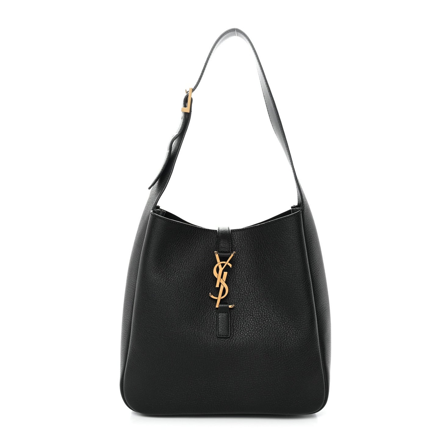 Black soft hobo handbag in textured calfskin, YSL logo at center front.