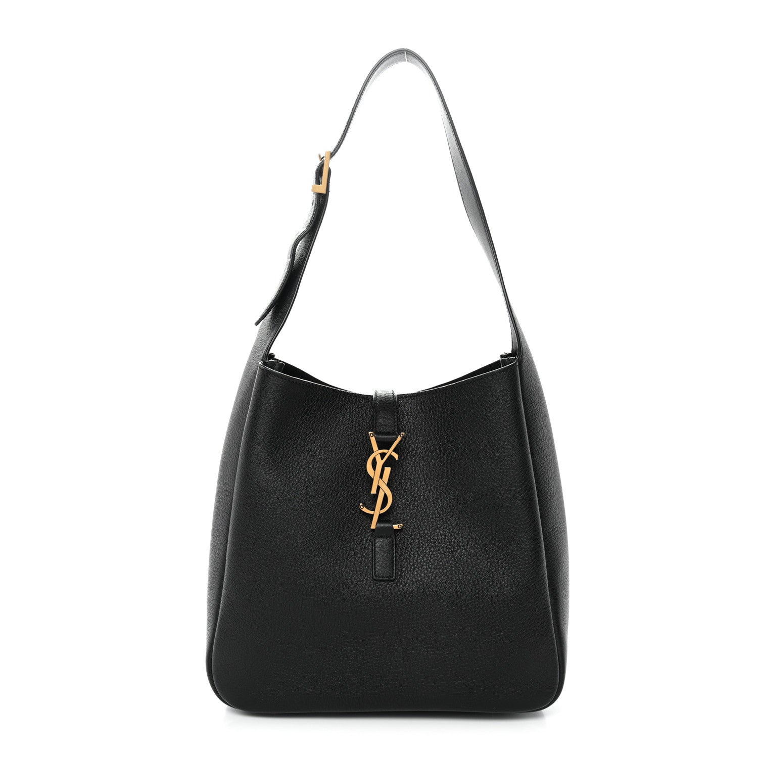 Black soft hobo handbag in textured calfskin, YSL logo at center front.