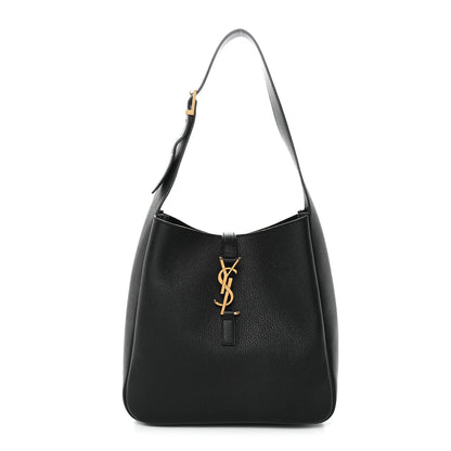 Black soft hobo handbag in textured calfskin, YSL logo at center front.