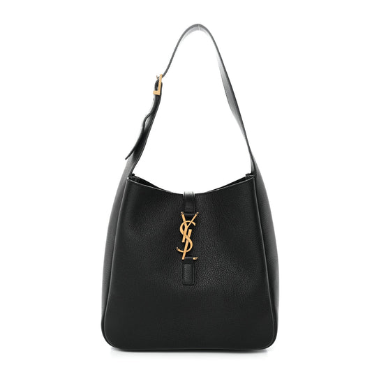Black soft hobo handbag in textured calfskin, YSL logo at center front.