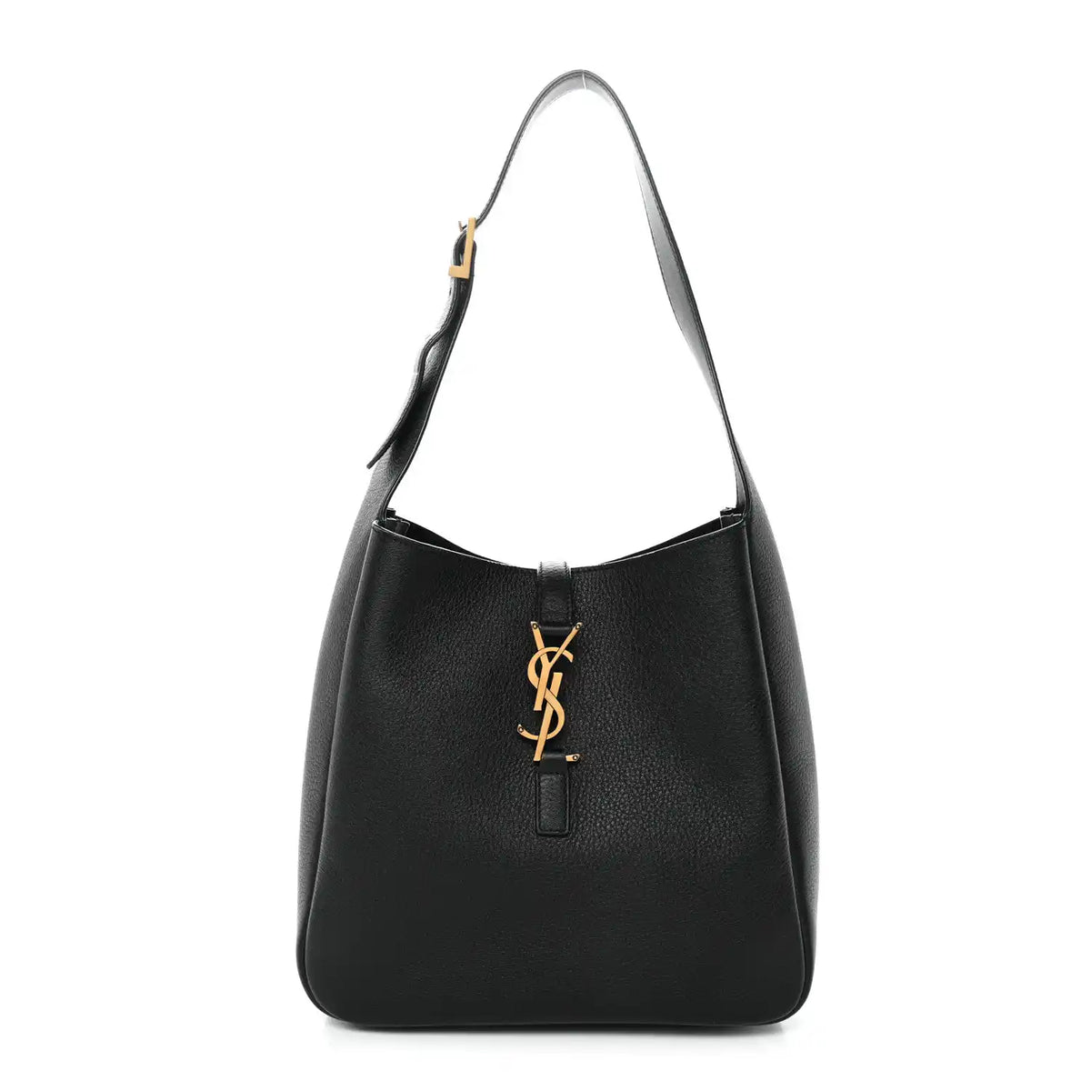 Black soft hobo handbag in textured calfskin, YSL logo at center front.