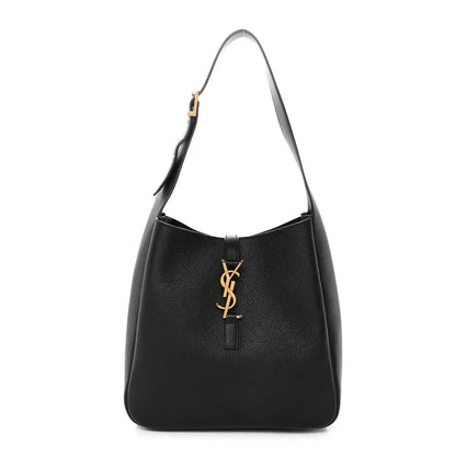 Black soft hobo handbag in textured calfskin, YSL logo at center front.