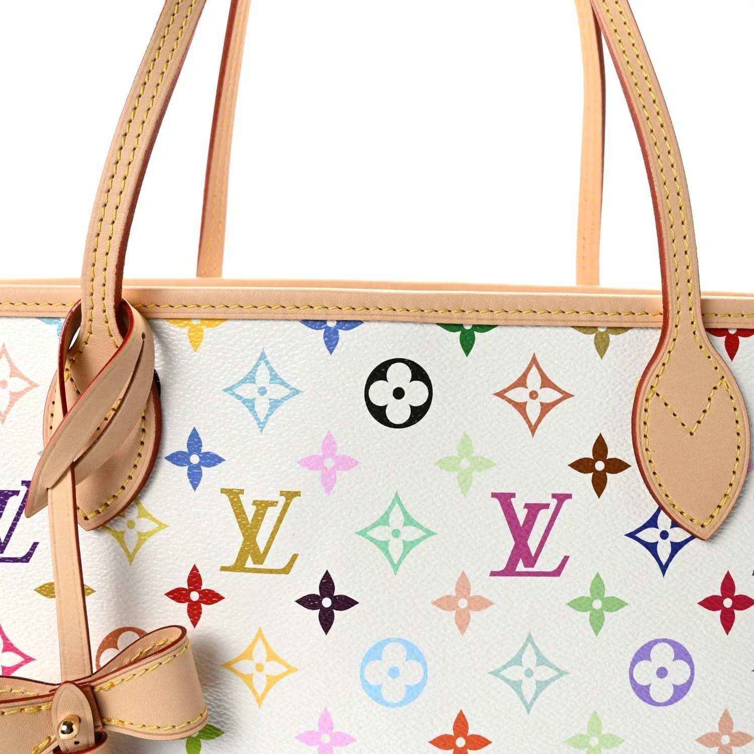 White multicolor monogram Neverfull MM bag with tan leather handles and straps