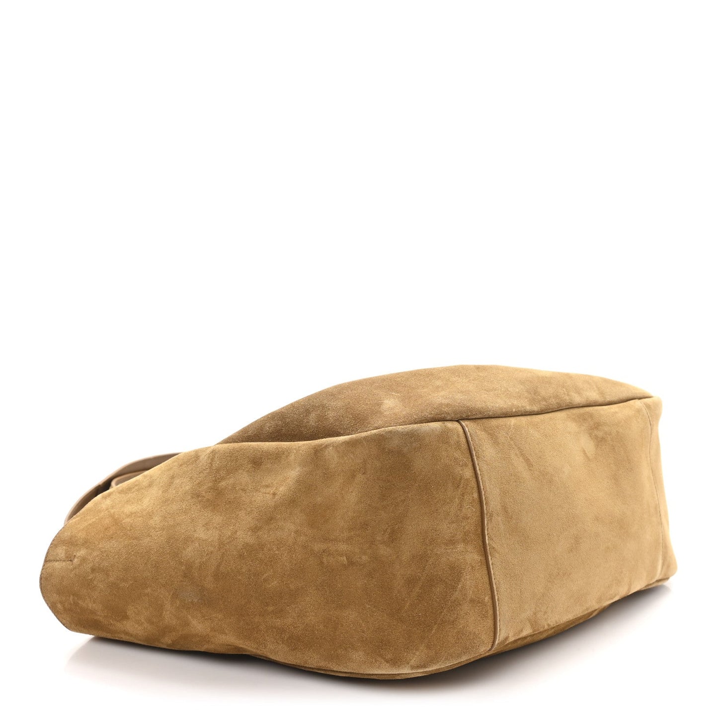 Suede tote bag bottom corner with seam detail, golden-brown suede