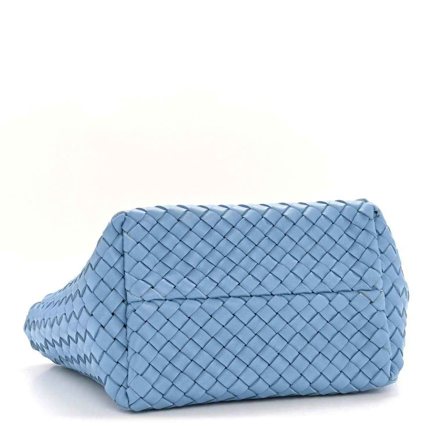 Blue intrecciato mini cabat tote with braided woven finish and rounded base