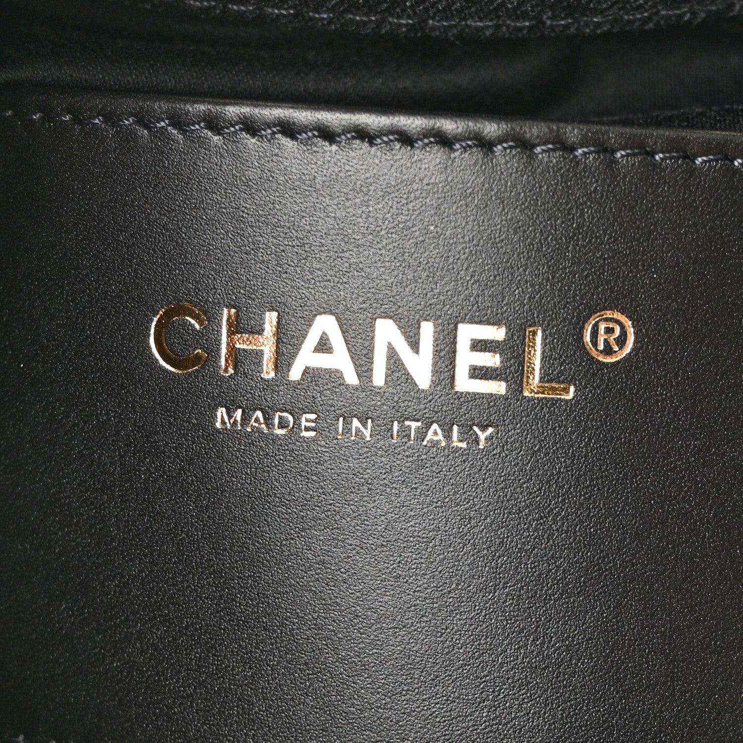 CHANEL logo and MADE IN ITALY on black leather lining