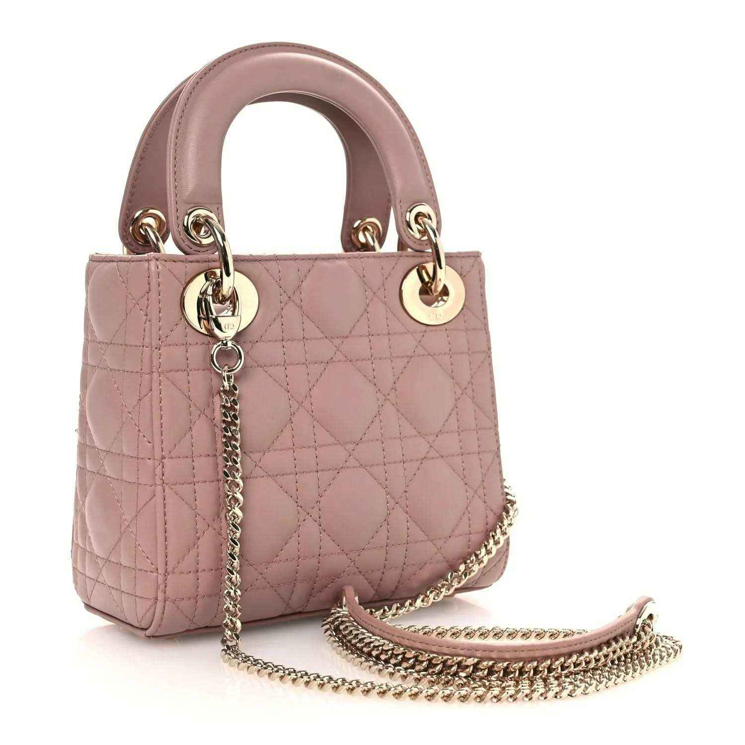 Mini Lady Dior handbag with pink cannage quilting, gold-tone rings and shoulder chain strap.