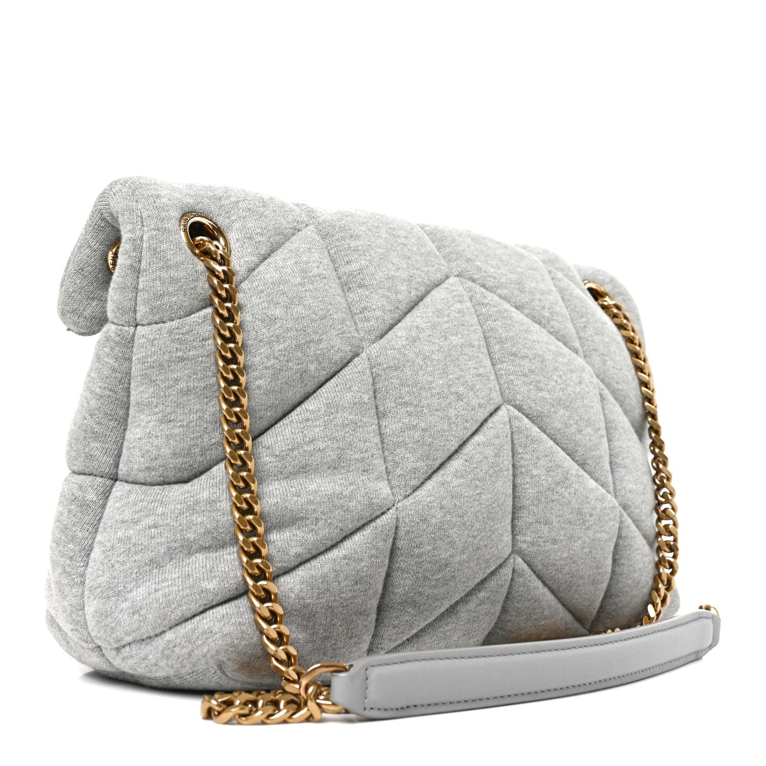 Saint Laurent Loulou puffer satchel, chalk beige quilted texture, gold chain strap.