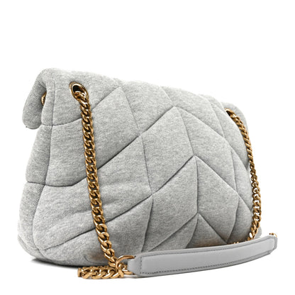 Saint Laurent Loulou puffer satchel, chalk beige quilted texture, gold chain strap.