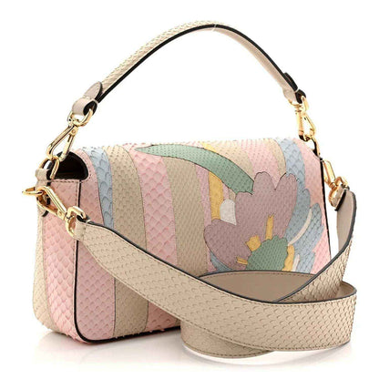 Fendi baguette handbag with floral multicolor panel and textured light pink crossbody strap