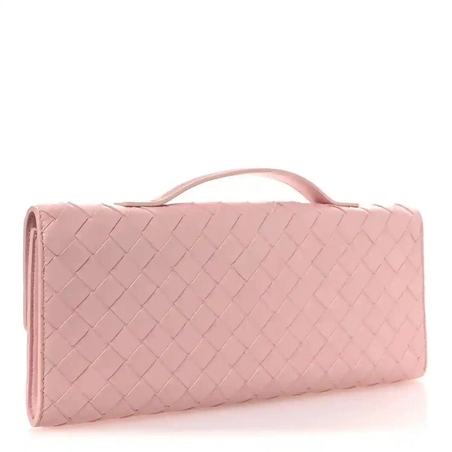 Bottega Veneta Rose pink intrecciato nappa long clutch in side view with top handle