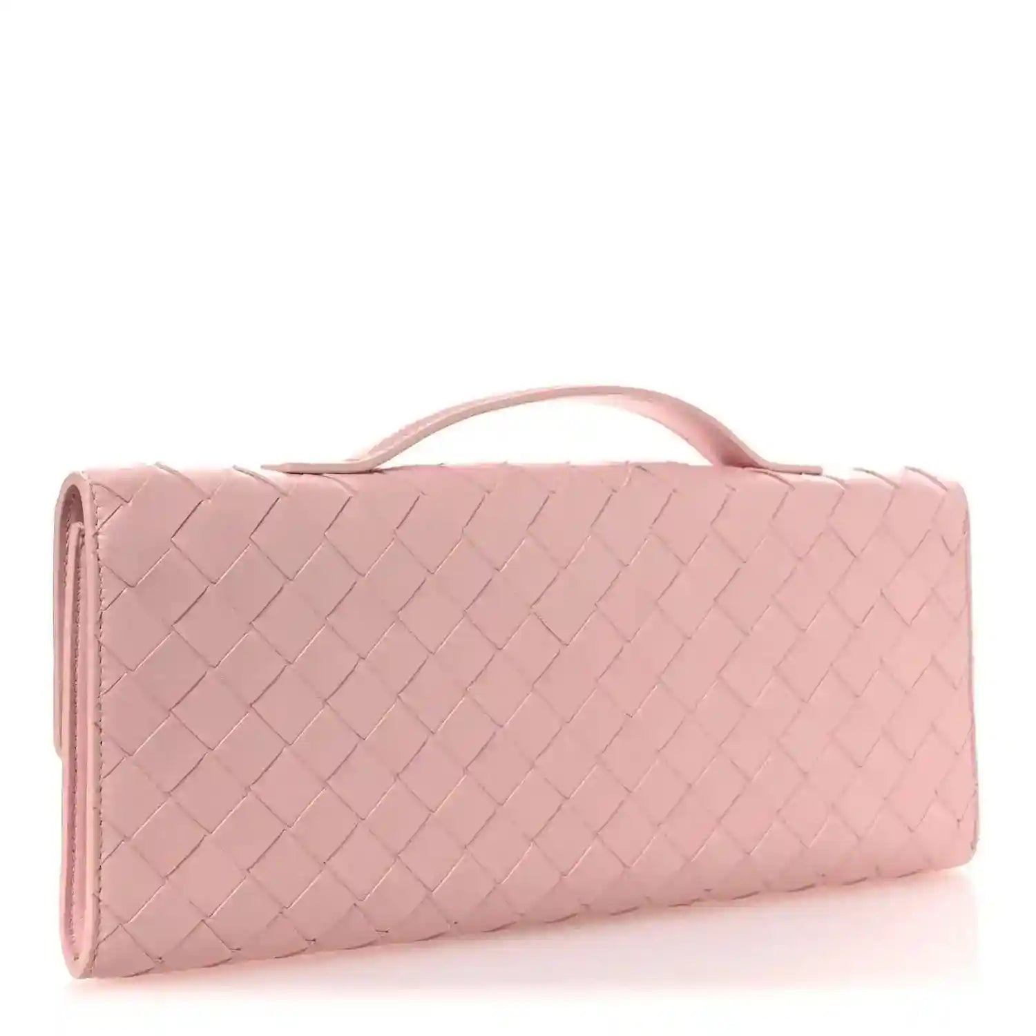 Bottega Veneta Rose pink intrecciato nappa long clutch in side view with top handle