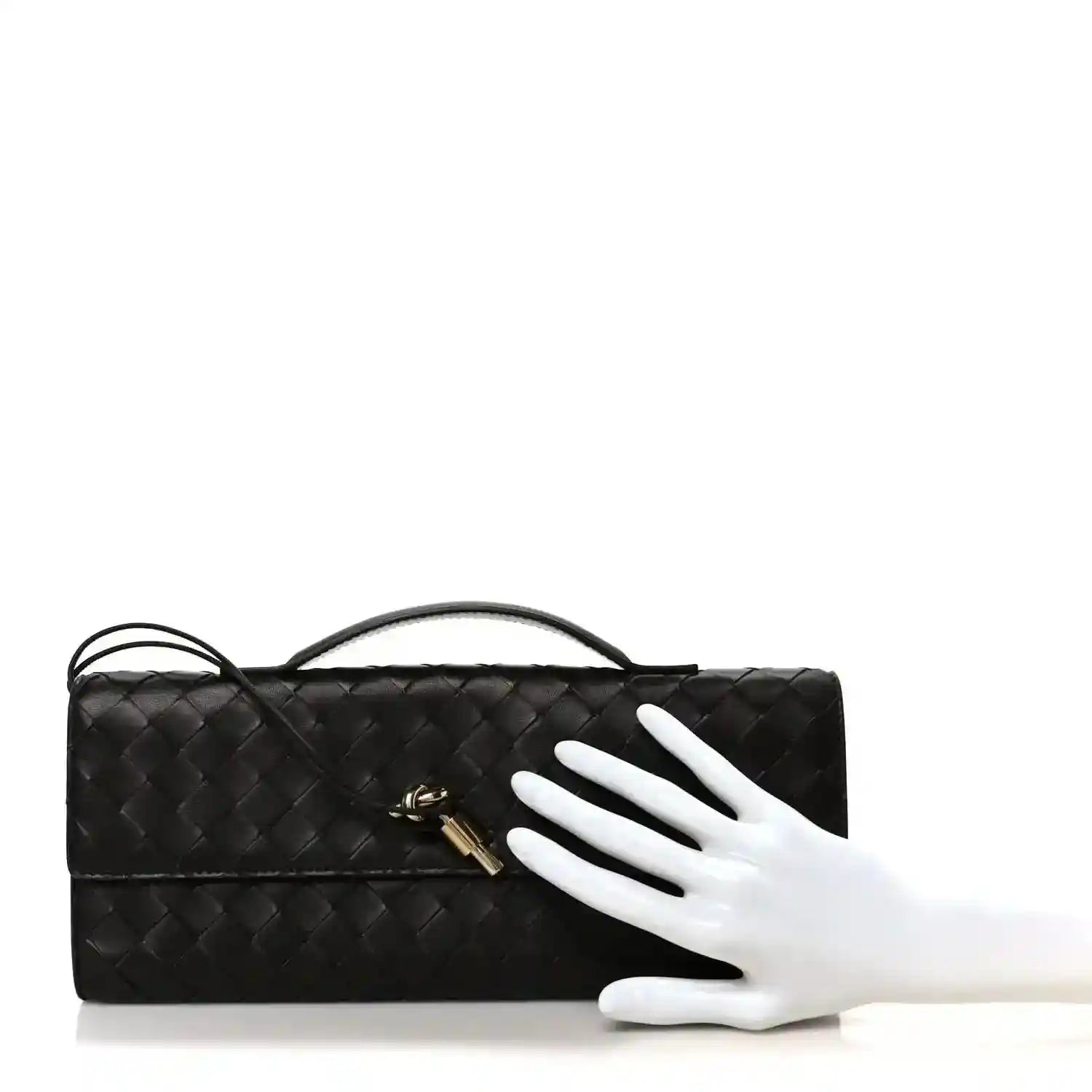 Bottega Veneta Intrecciato leather clutch with top handle, dark finish, gold clasp detail