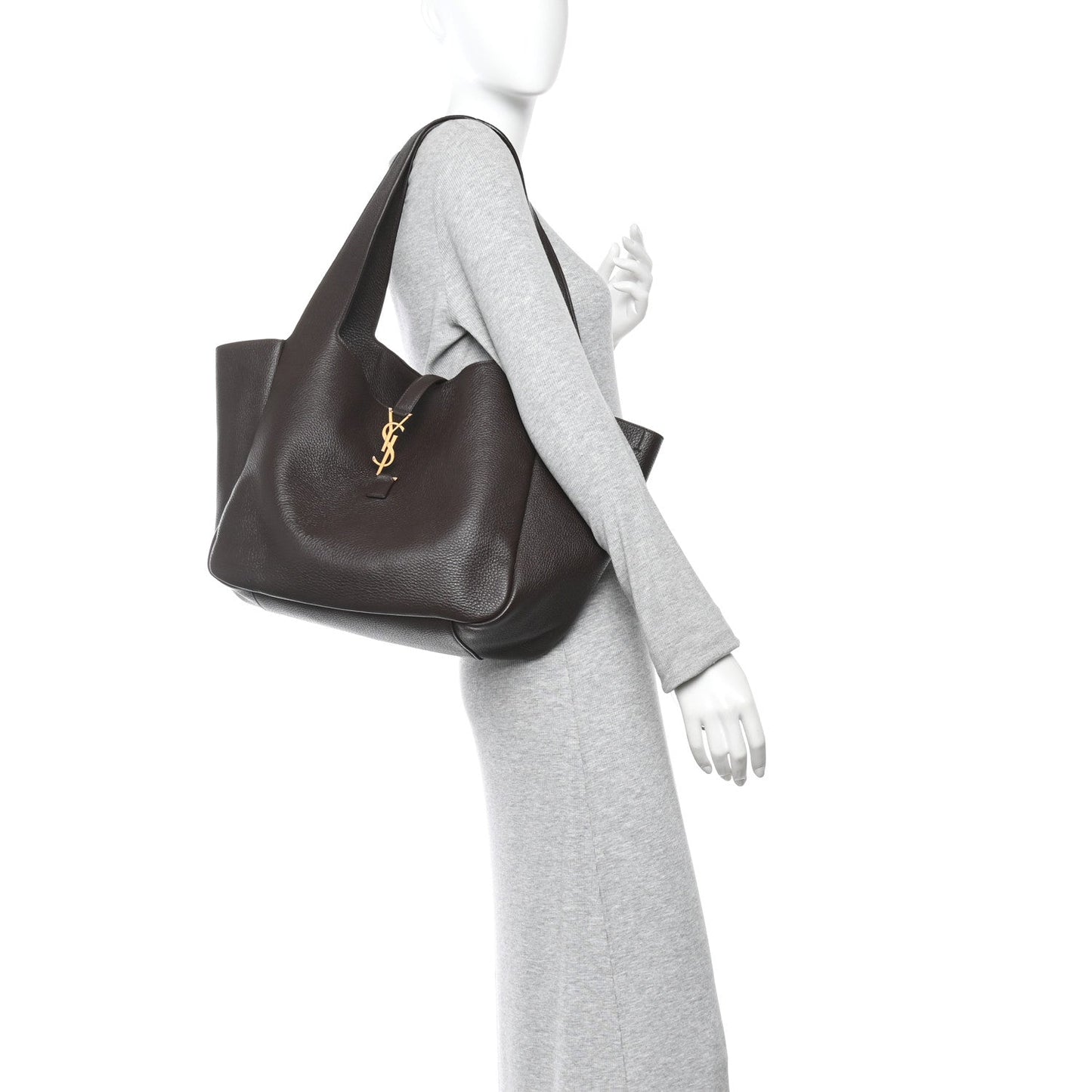 Grained leather Bea tote bag with YSL logo charm, carried over the shoulder
