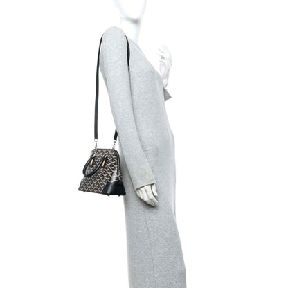 Mini crossbody handbag with monogram canvas and black leather trim, worn with strap
