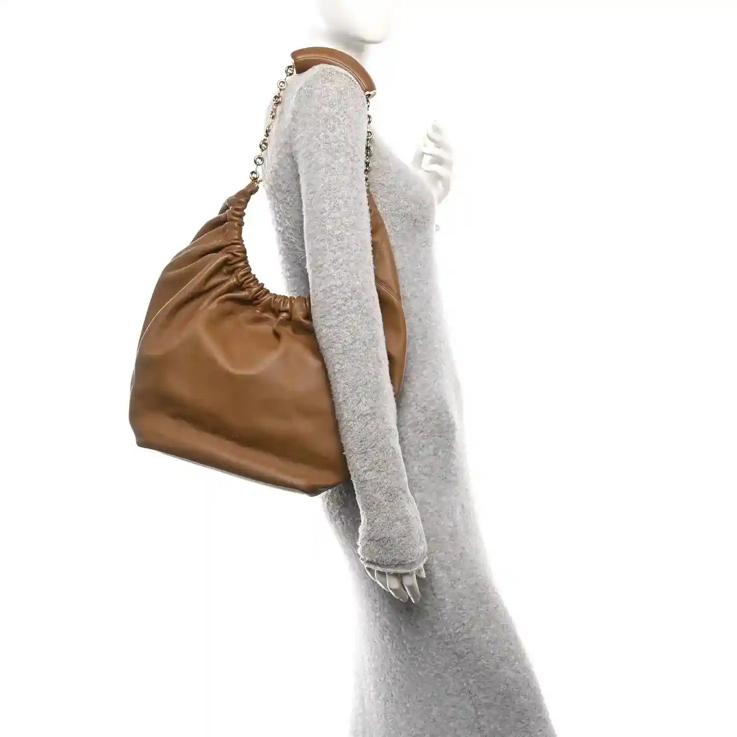 Loewe small leather shoulder bag with chain strap and gathered opening, oak brown