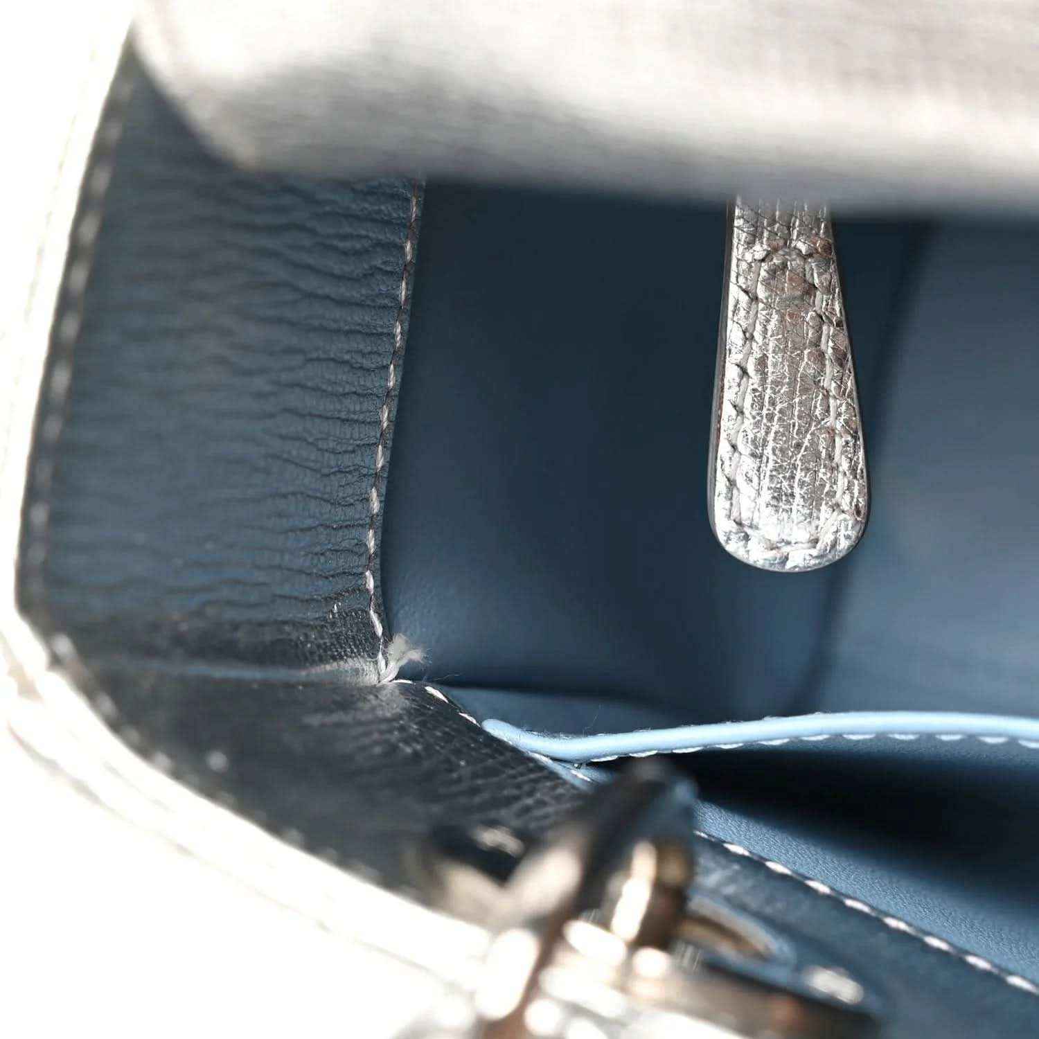 Small My Lady Dior bag with metallic silver grained calfskin and dark leather lining