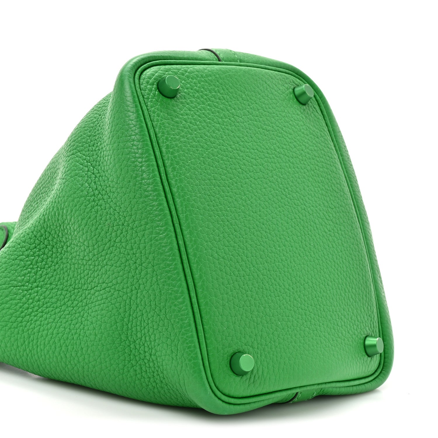 Green leather Picotin Lock 18 PM tote bag side view with stud details and seam
