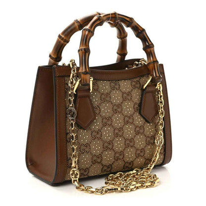 Gucci mini tote bag, tan GG monogram canvas with brown leather sides and gold chain