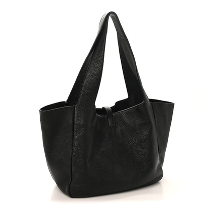 SAINT LAURENT Bea tote bag in black grained deerskin leather with front pocket detail