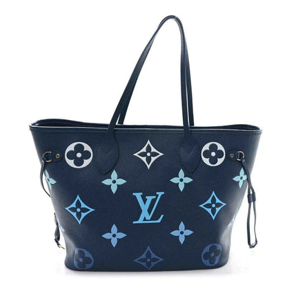 Blue monogram neverfull tote bag with top handles and dangling drawstring pull tabs
