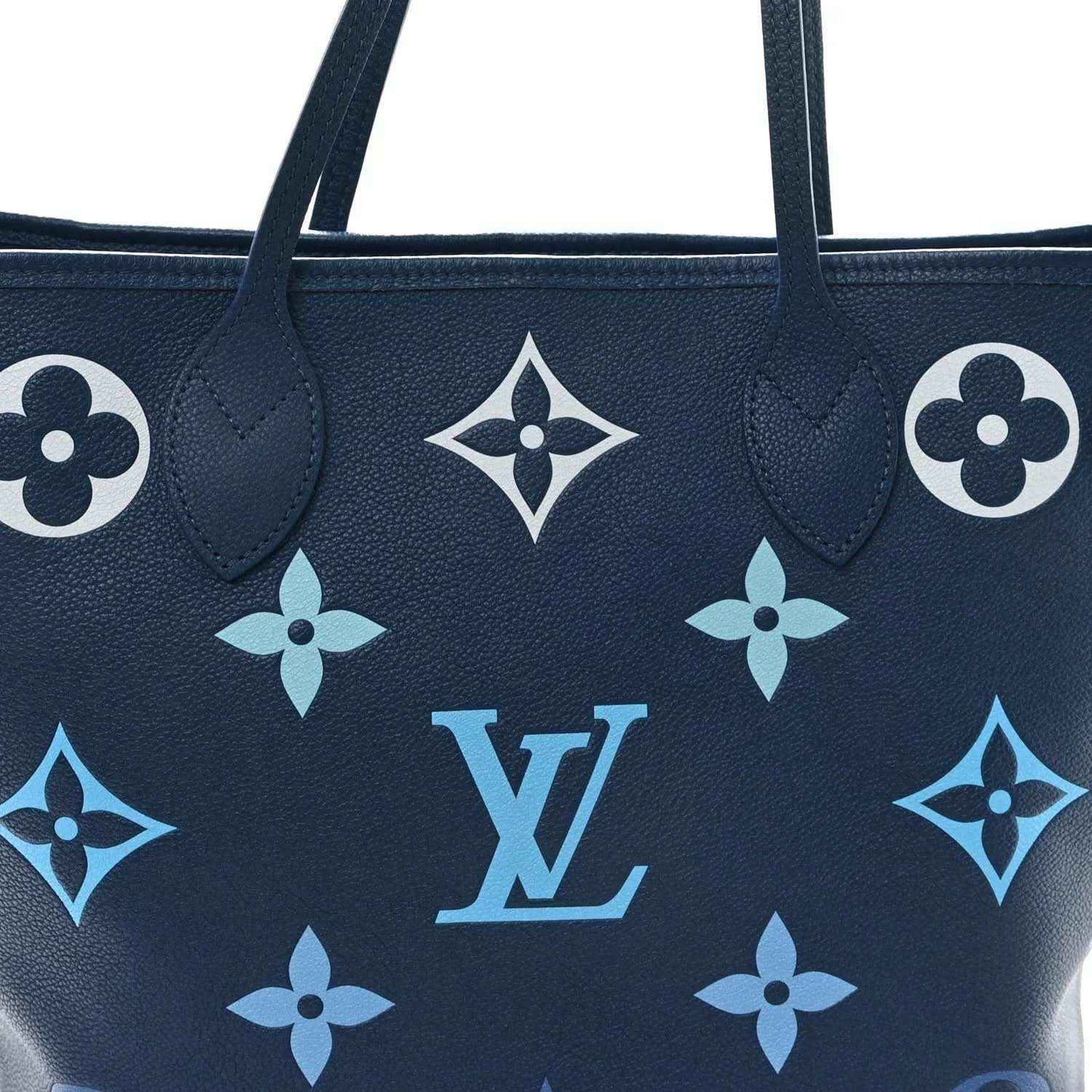 Blue monogram neverfull tote bag close-up of front pattern and top handle