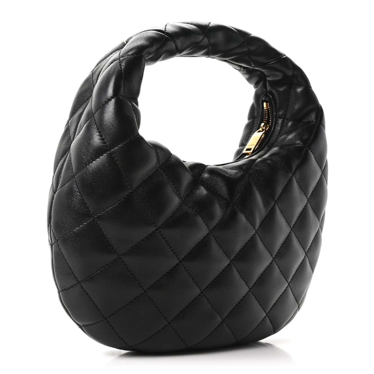 Quilted black leather hobo bag with top handle and gold side detail