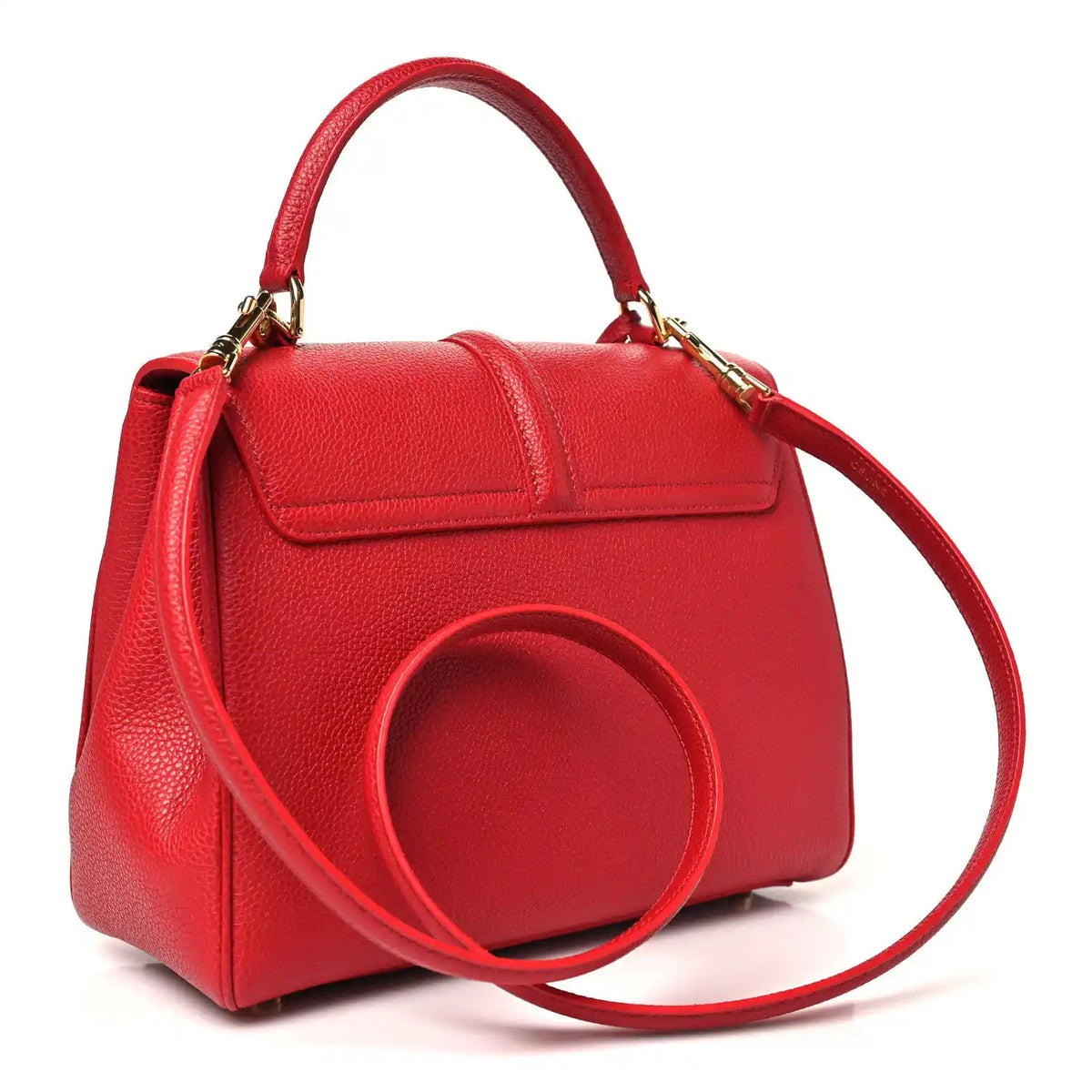 Celine small red grained calfskin bag with curved side strap detail.