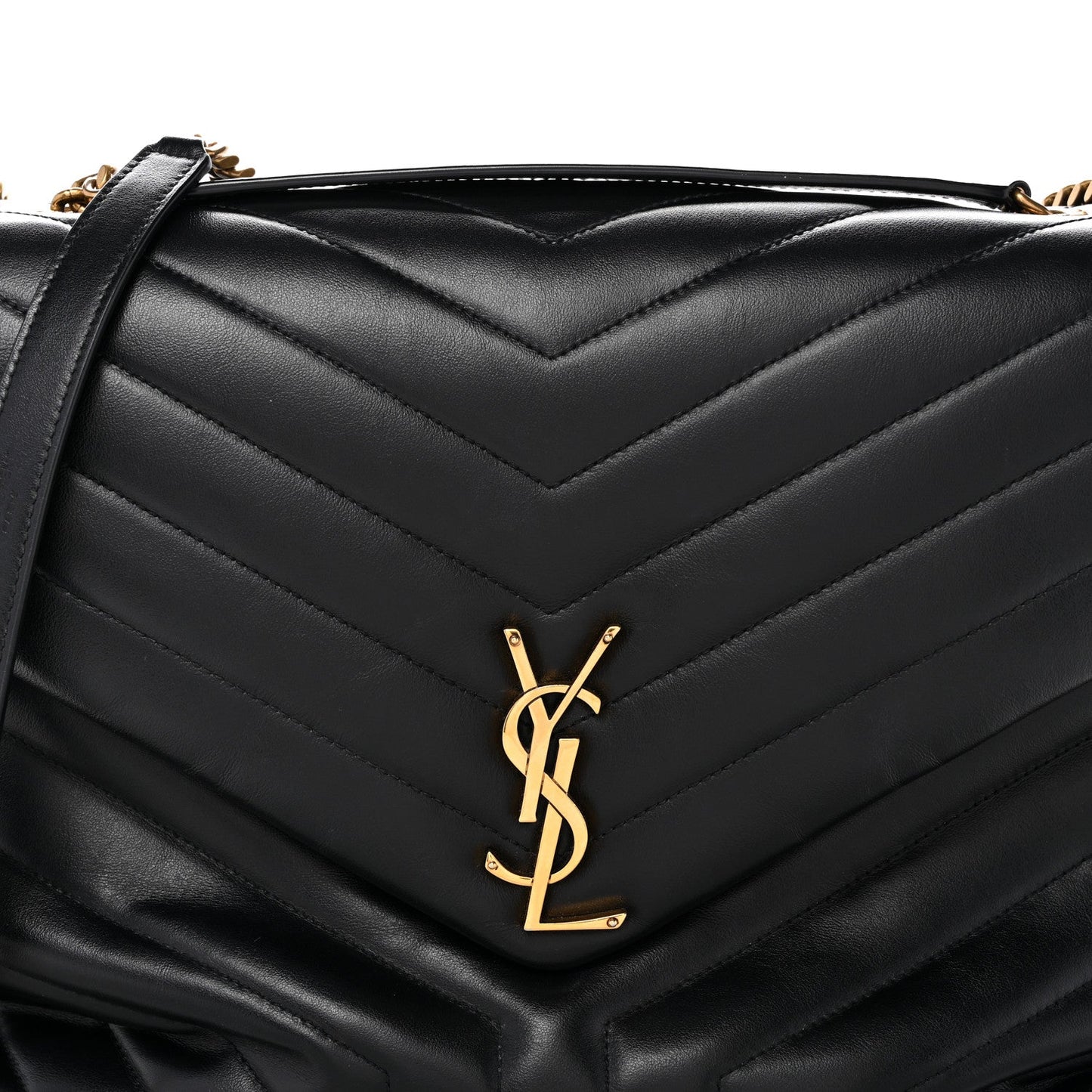 Black quilted satchel front with YSL logo plaque and leather flap