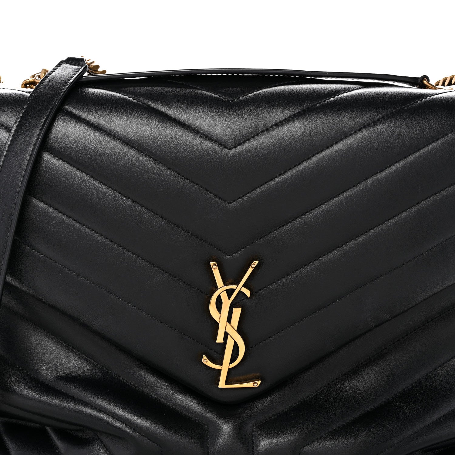 Black quilted satchel front with YSL logo plaque and leather flap