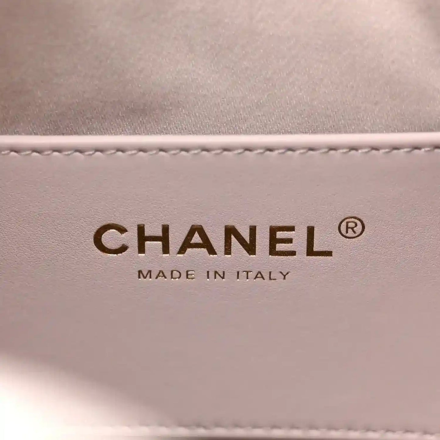 Chanel Made in Italy stamp on lilac leather with contrast stitching