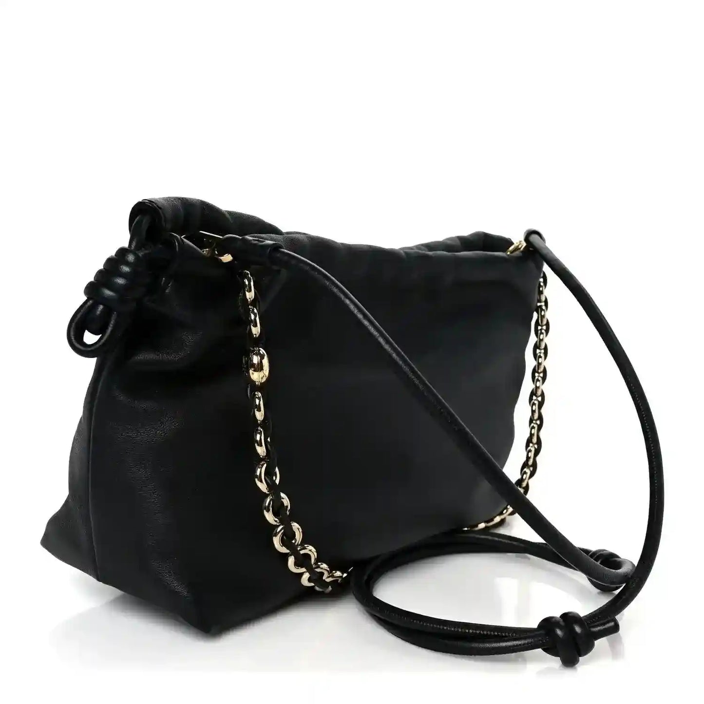 Black leather clutch with chain strap and long leather shoulder strap, side view.