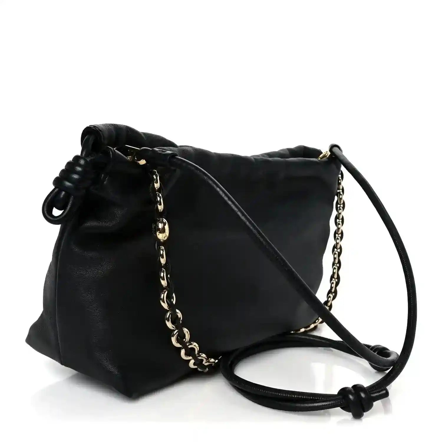 Black leather clutch with chain strap and long leather shoulder strap, side view.