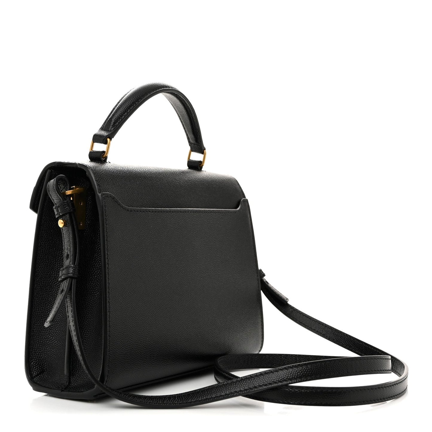 Black leather top-handle mini bag with shoulder strap and gold-tone hardware.