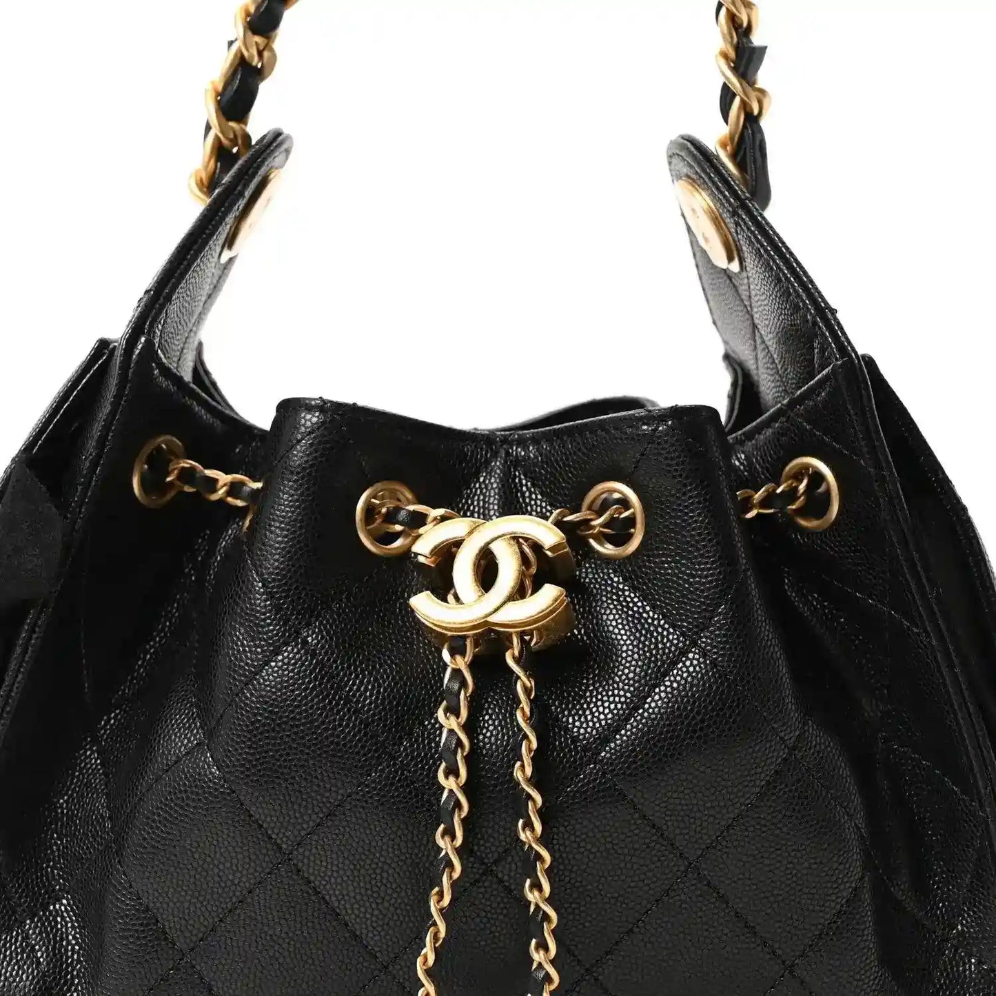 Black leather quilted mini handbag top view with gold chain and Chanel CC clasp