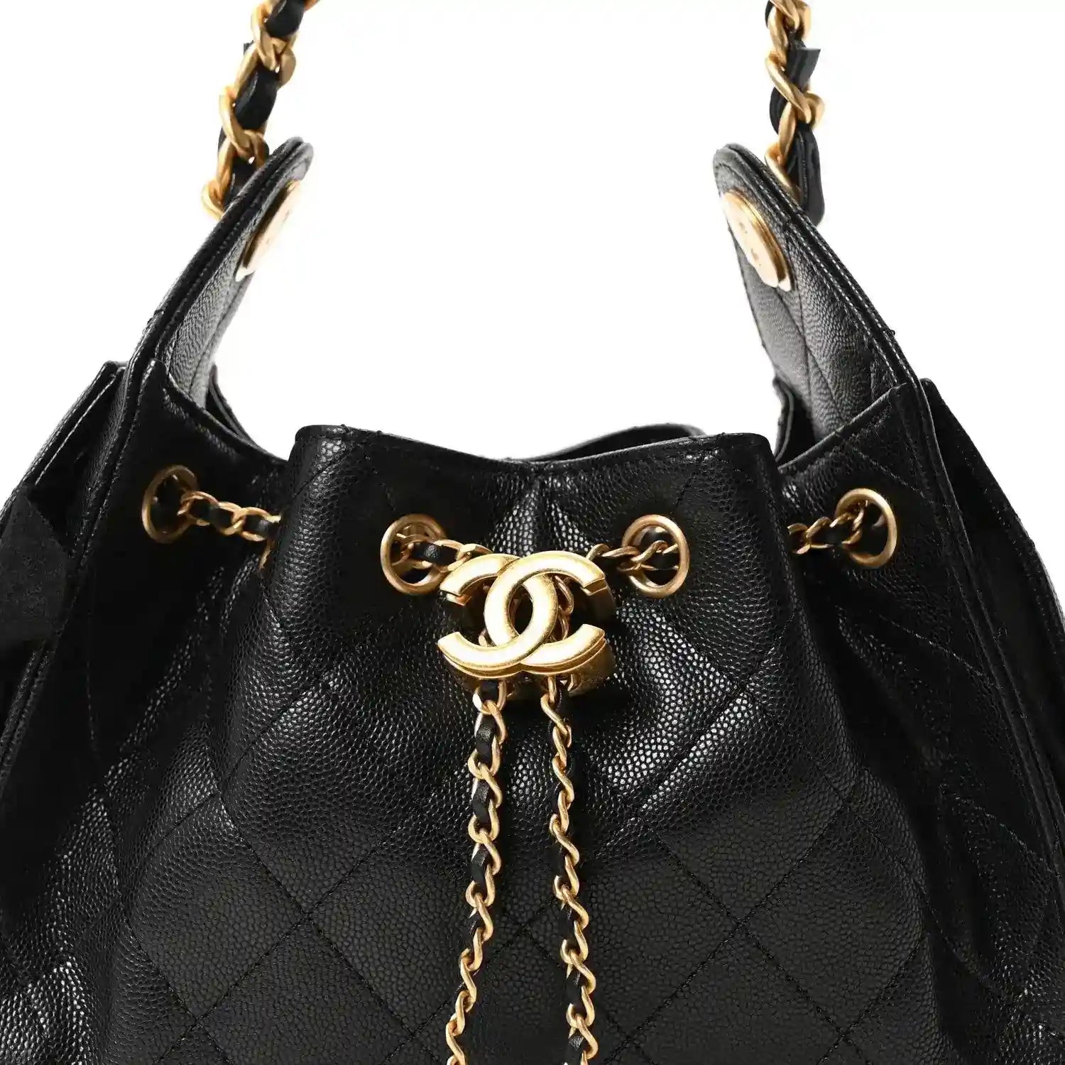 Black leather quilted mini handbag top view with gold chain and Chanel CC clasp