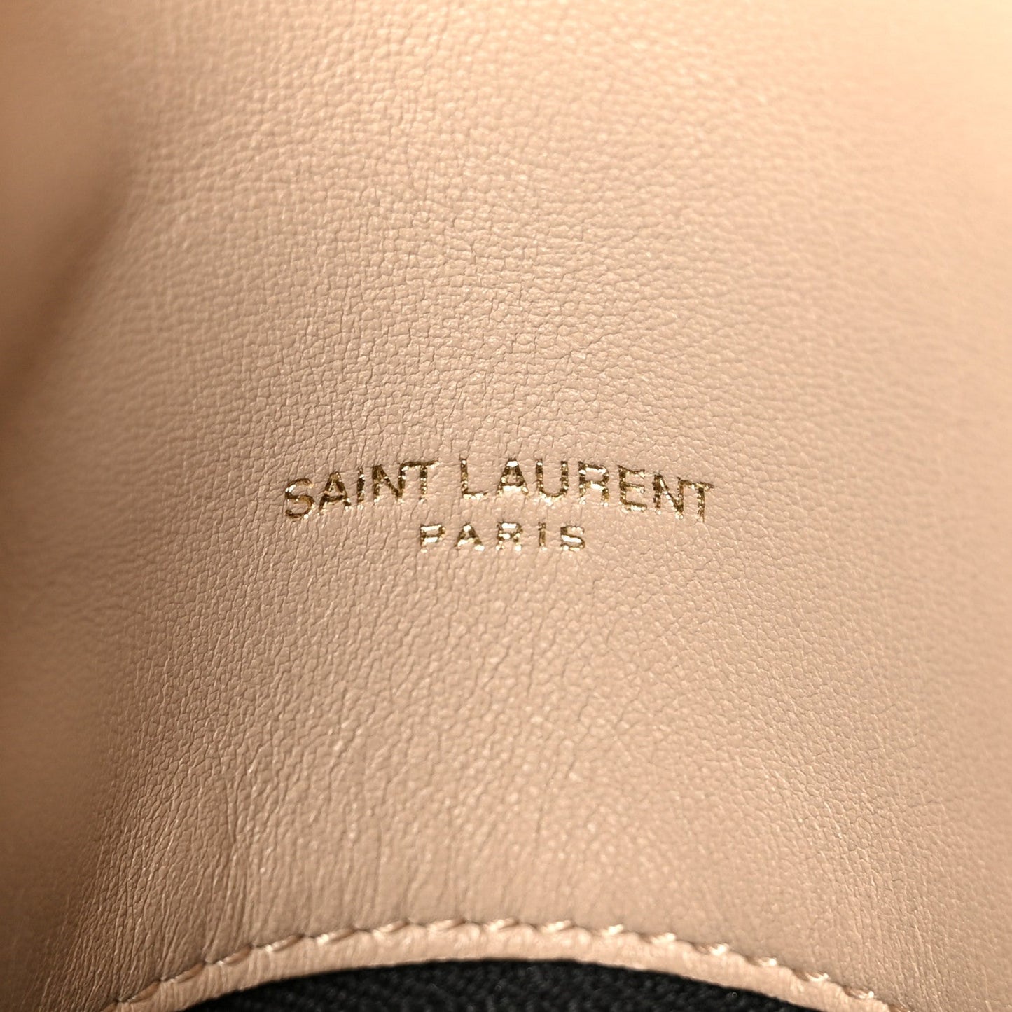Small puffer chain satchel beige leather logo stamp reading SAINT LAURENT PARIS